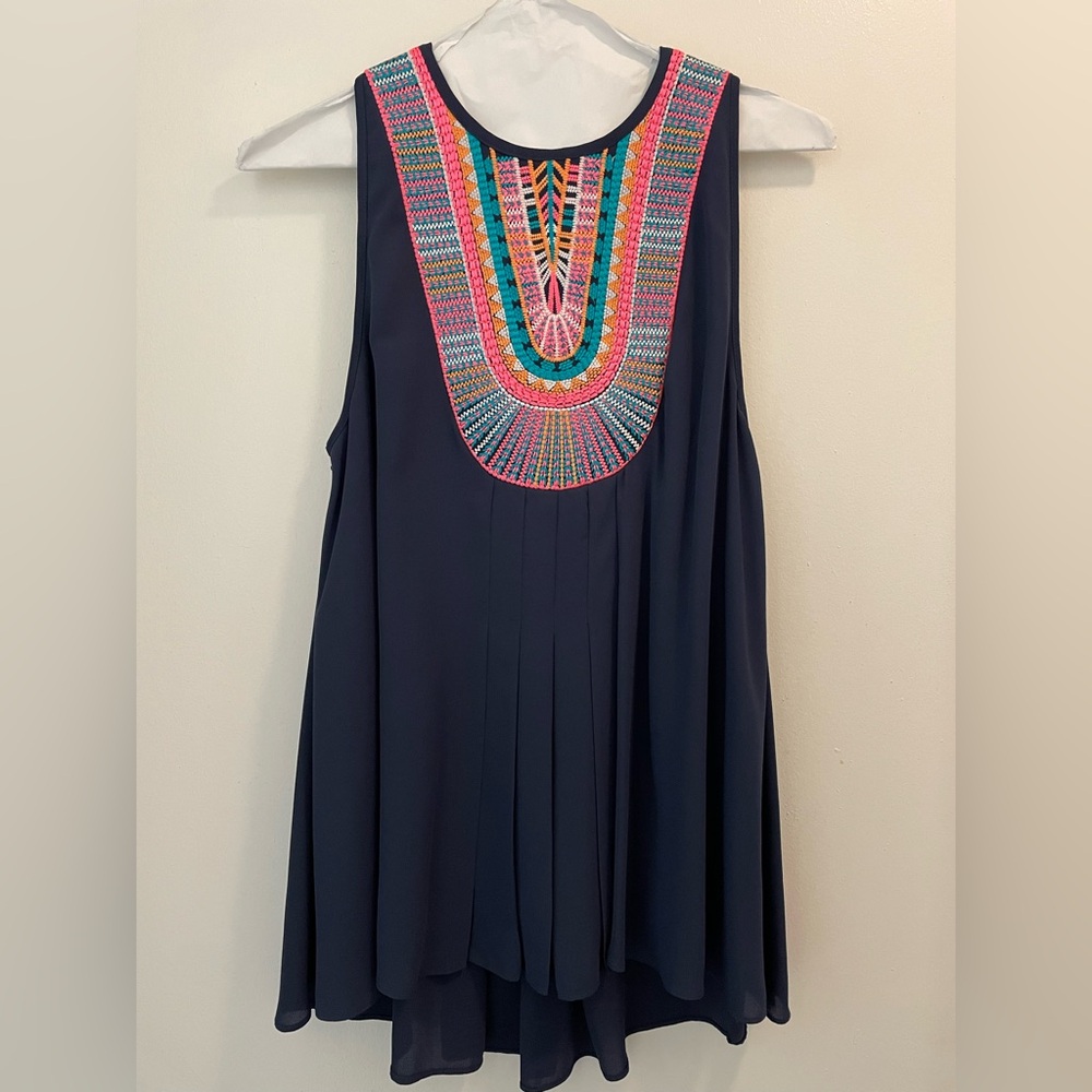 Ranna Gill Navy Sleeveless Top with Colorful Embroidery